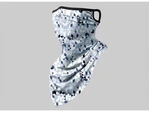 Close-up detail of grey and white geometric pattern cycling face mask with ear loops