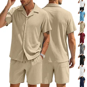 Men's summer button-down shirt and shorts set with vertical ribbed texture detail.