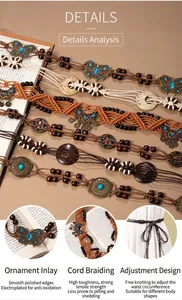 Detailed view of Bohemian hand-woven waist belt with ethnic beads and butterfly charms