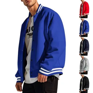 Men Varsity Jacket Baseball Bomber Coat Ribbed Striped Trim Snap Button Casual Sporty Outwear Polyester Fleece Lined