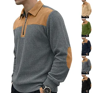 Men's ribbed knit polo sweatshirt in various colors with contrasting elbow patches.