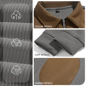 Detail views of a men's textured knit sweatshirt with contrast collar and zipper