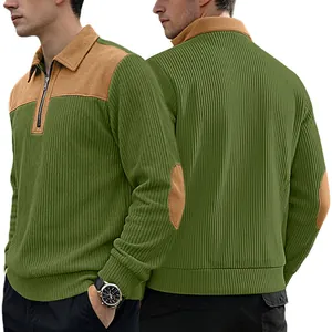 Stylish men's green ribbed knit polo sweater with contrast collar and elbow patches