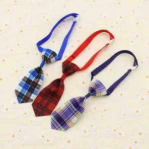 Macro detail of adjustable plaid pet neckties in blue, red, and purple patterns