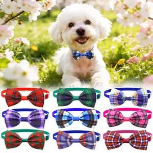 Colorful plaid pet bow tie collars set for small dogs and cats, 9 patterns shown.