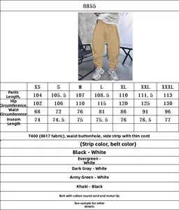 Detailed size guide for men's high street cargo parachute pants with color options