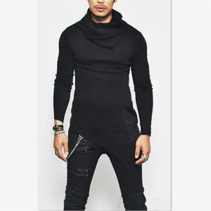 Men's slim fit cowl neck long sleeve shirt with asymmetrical hem in classic black