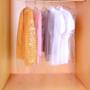 Transparent plastic garment dust covers for hanging clothes storage in a wooden wardrobe