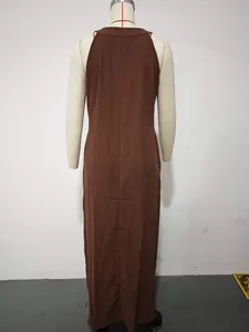 Elegant back view of a casual brown sleeveless cotton linen maxi dress for women