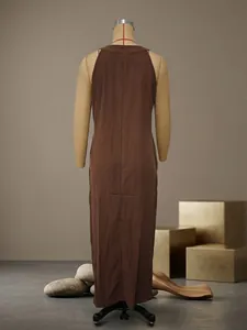 Elegant back view of a casual brown sleeveless cotton linen maxi dress for women
