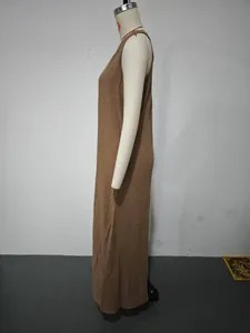 Detailed side view of a brown sleeveless cotton linen maxi dress with loose casual fit