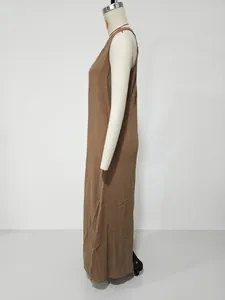 Detailed side view of a brown sleeveless cotton linen maxi dress with loose casual fit