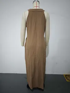 Detailed back view of casual sleeveless loose cotton linen maxi dress in brown tone