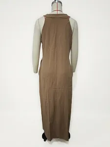 Detailed back view of casual sleeveless loose cotton linen maxi dress in brown tone