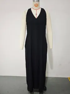 Sleeveless V-neck maxi dress in black cotton linen with side pockets