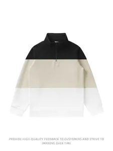 Casual color block half-zip sweatshirt featuring black beige and white contrast panels