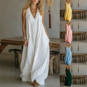 Women's Casual Cotton Blend Sleeveless V Neck Maxi Dress Loose Bohemian Solid Color Long Dress With Pockets Summer Beachwear