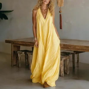 Casual sleeveless loose cotton linen maxi dress with pockets in yellow