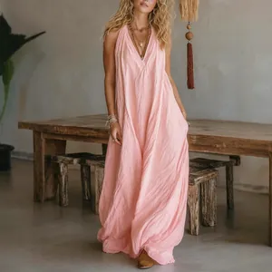 Loose sleeveless pink cotton linen maxi dress with pockets for summer