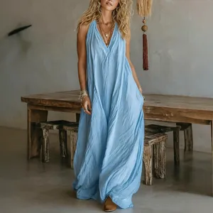 Women's casual light blue sleeveless loose cotton linen maxi dress with side pockets