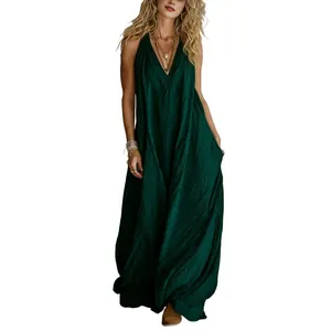 Casual sleeveless loose fit cotton linen maxi dress with pockets in dark green