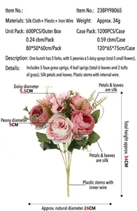 Detailed diagram of artificial peony bouquet showing material specs and size labels