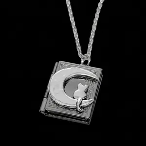 Vintage zilveren boek medaillon ketting met maan en kat hanger voor dierbare foto's