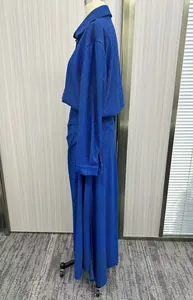 Elegant royal blue long sleeve pleated dress featuring a unique irregular hemline design