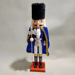 Classic 38cm wooden nutcracker soldier ornament with blue velvet cloak decoration
