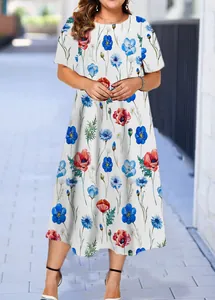 Detailed view of women plus size summer midi dress with blue and red floral patterns