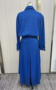 Detailed back view of an elegant royal blue pleated long-sleeved dress with textured fabric.
