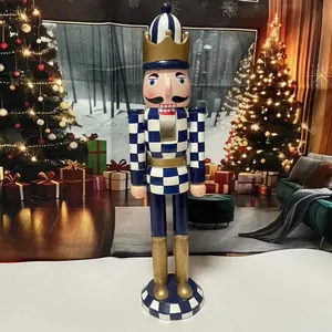 Blue and white checkered 38cm wooden nutcracker soldier for Christmas home decoration