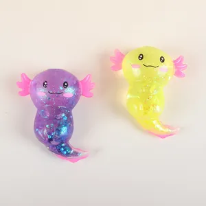 Cute purple and yellow glitter axolotl squishy toys for stress relief and kids gifts