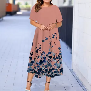 Women's summer short sleeve midi dress with blue floral pattern on dusty pink fabric