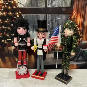 Three 38CM decorative wooden nutcrackers featuring various holiday themes for home decor