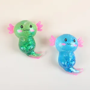 Two cute axolotl squeeze toys in green and blue with sparkling glitter filling inside