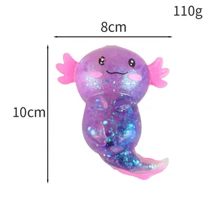 Cute purple glitter axolotl squishy toy for stress relief, measuring 10cm x 8cm.