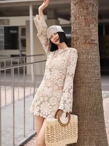 Elegant French style crochet lace mini dress with flare sleeves and matching hat