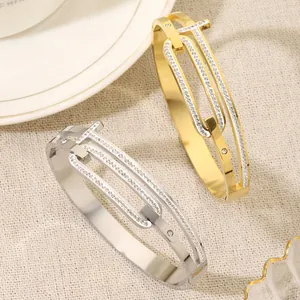European American Titanium Steel T-Shape Interlocking Circle Bracelet Rhinestone Encrusted Gold Silver Plated Bangle For Women