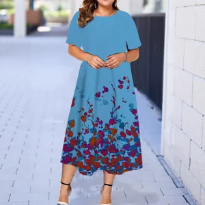 Stylish women's light blue short sleeve midi dress with elegant floral print at hem