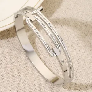 Elegant silver titanium steel T-shape bangle bracelet with sparkling rhinestone link design