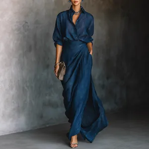 Elegant navy blue long sleeve pleated maxi dress with belt and irregular hem for women
