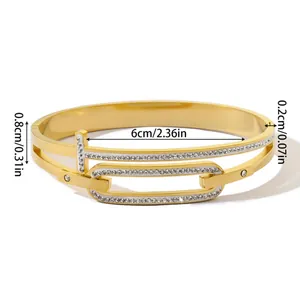 Elegant gold titanium steel T-shaped interlocking bracelet with rhinestones