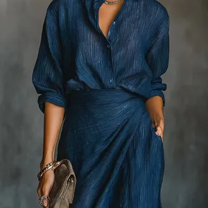 Elegant navy blue pleated irregular dress with long sleeves for women's autumn fashion