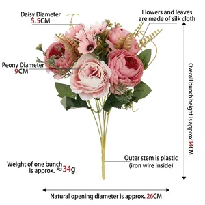 Handmade artificial pink peony and daisy flower bouquet for realistic home table decoration