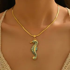 Ocean Summer Marine Seahorse Turtle Starfish Pendant Necklace Stainless Steel Gold Plated Enamel Clavicle Chain Jewelry For Women