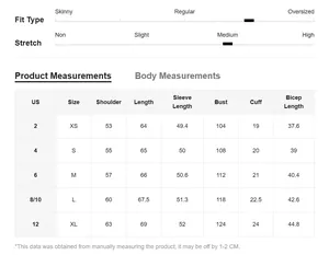 Comprehensive size chart and product measurements for the loose crew neck sweater