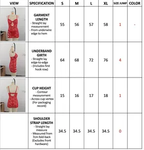 Tabla de tallas detallada para vestido de lencería de encaje rojo muy sexy