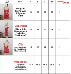 Detaillierte Größentabelle für rotes Spitzen-Lingerie-Kleid für Damen, sexy