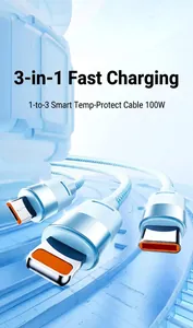 Detailed macro view of 3-in-1 braided charging cable with Type-C and Lightning connectors